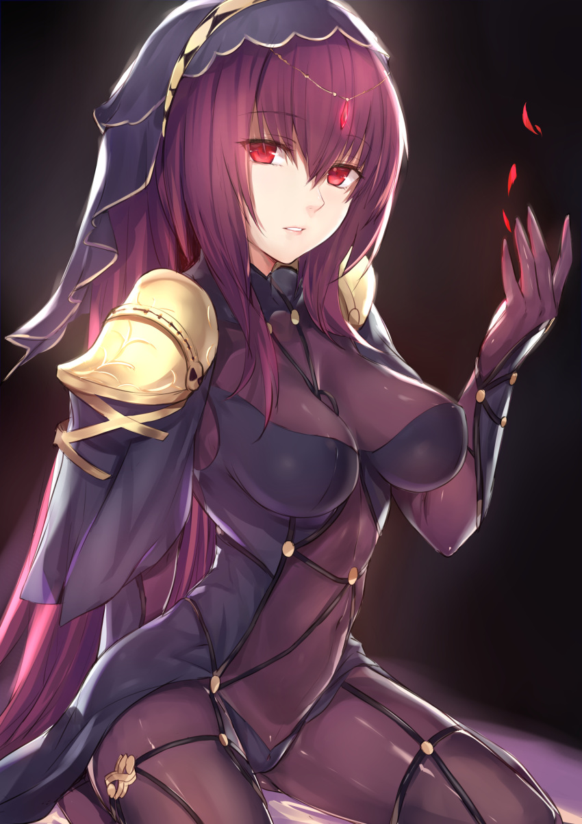 1girl absurdres bodysuit breasts covered_navel fate/grand_order fate_(series) gae_bolg highres kyouki large_breasts long_hair looking_at_viewer parted_lips pauldrons polearm purple_bodysuit purple_hair red_eyes scathach_(fate/grand_order) solo spear veil weapon