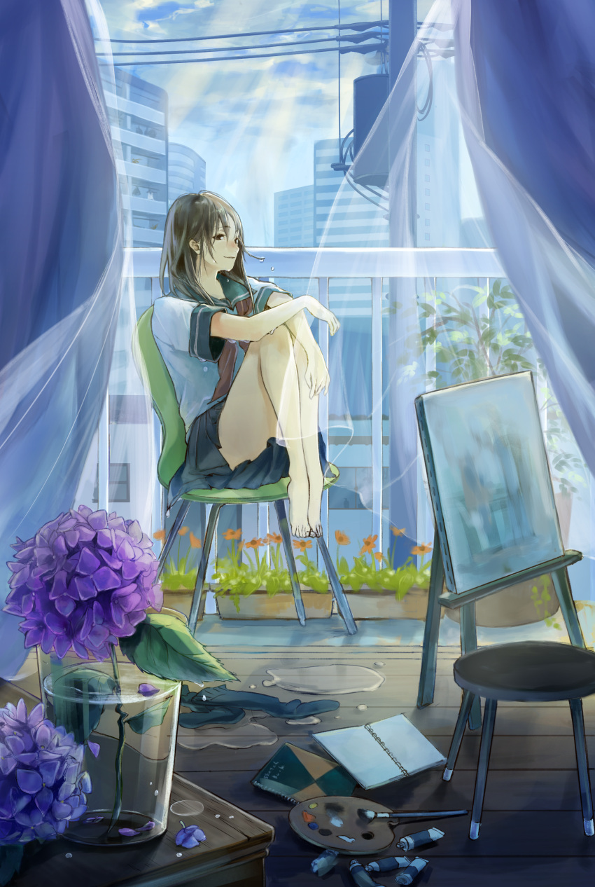 1girl absurdres barefoot black_eyes black_hair building chair clouds cup curtains desk drinking_glass dripping easel flower highres hydrangea indoors knees_up light_rays looking_at_viewer looking_to_the_side notebook original paint paint_tube paintbrush painting_(object) palette plant pose potted_plant power_lines puddle scenery school_uniform serafuku sitting sky smirk solo stool tamu_(tamurarucaffe1226) telephone_pole water water_drop wet wet_hair wind window wooden_floor