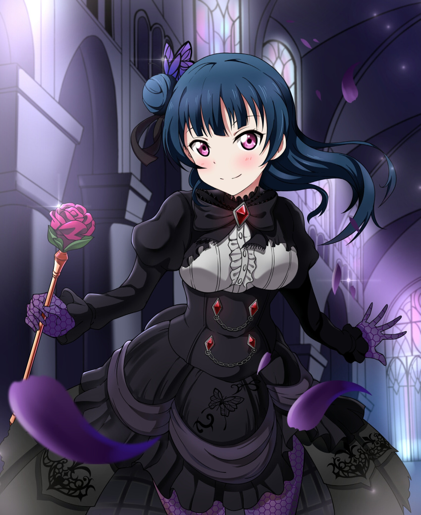 1girl black_dress blue_hair blush breasts church cosplay dress flower gloves gothic_lolita hair_bun highres idolmaster idolmaster_cinderella_girls idolmaster_cinderella_girls_starlight_stage kanzaki_ranko kanzaki_ranko_(cosplay) lolita_fashion long_hair love_live! love_live!_sunshine!! petals rose smile solo stained_glass trait_connection tsushima_yoshiko violet_eyes wkdnlwoddl