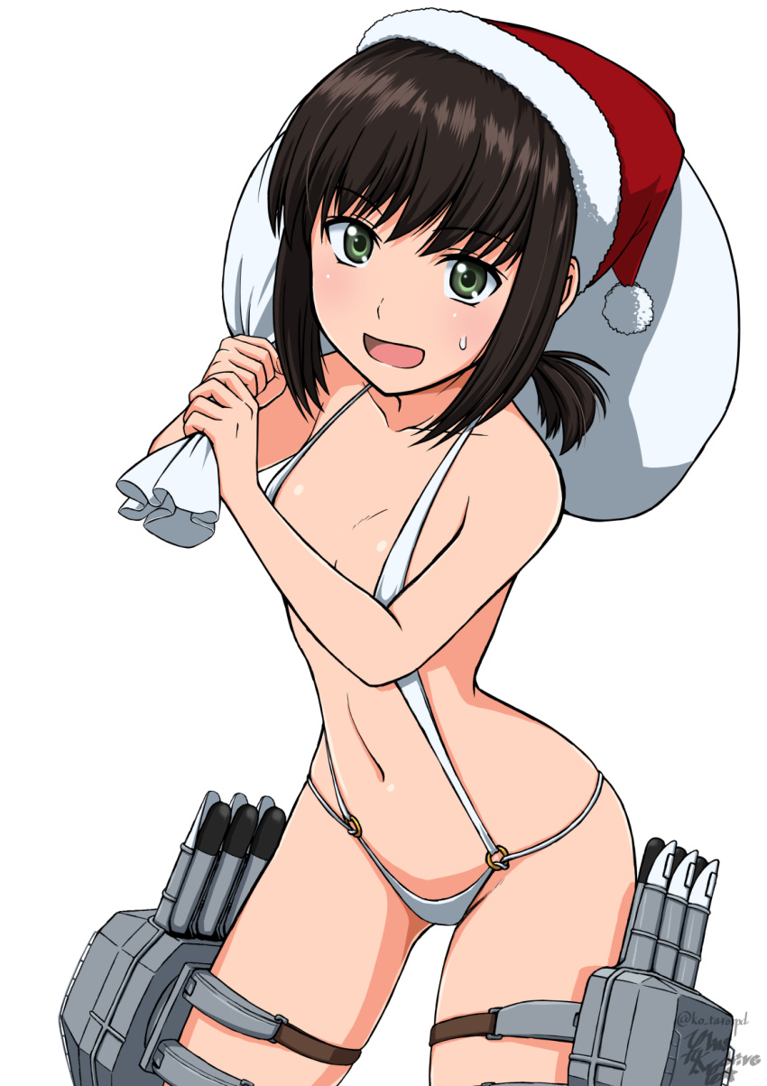 1girl :d alternate_costume bikini black_hair breasts carrying fubuki_(kantai_collection) green_eyes hat highres holding kantai_collection koutarou_(plusdrive) long_hair looking_at_viewer low_ponytail machinery micro_bikini navel open_mouth sack santa_hat simple_background small_breasts smile solo string_bikini sweat swimsuit white_background