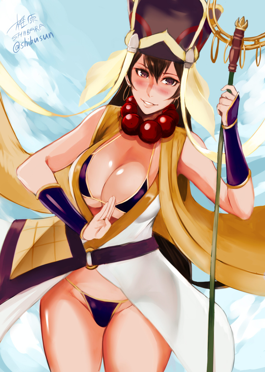 1girl artist_name bare_shoulders beads bikini_top breasts brown_eyes brown_hair cleavage fate/grand_order fate_(series) highres large_breasts long_hair looking_at_viewer matching_hair/eyes shibusun signature smile solo staff thick_thighs thighs twitter_username xuanzang_(fate/grand_order)