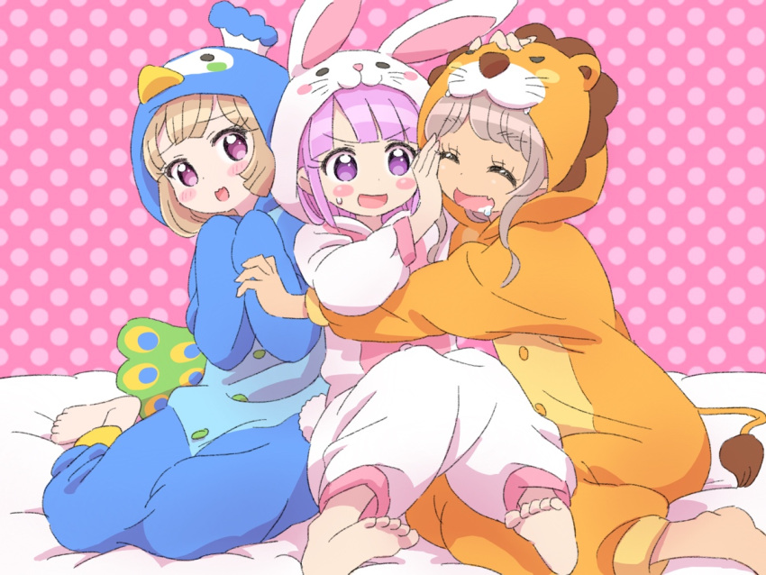 3girls animal_costume barefoot blush_stickers bunny_costume closed_eyes girl_sandwich hug ikzw lion_costume manaka_non multiple_girls open_mouth penguin_costume polka_dot polka_dot_background pripara purple_hair sandwiched sitting smile taiyou_pepper tsukikawa_chiri violet_eyes