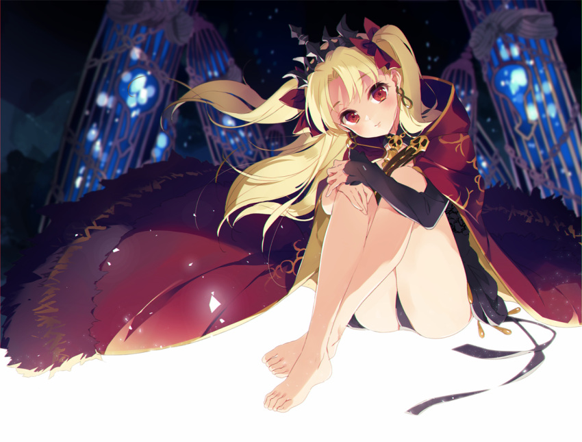 1girl bangs barefoot black_dress black_panties blonde_hair blurry blush cafe cape chains closed_mouth crossed_ankles depth_of_field dress earrings ereshkigal_(fate/grand_order) eyebrows_visible_through_hair eyelashes fate/grand_order fate_(series) floating_hair full_body glowing hair_ribbon head_tilt jewelry knees_up light_particles long_hair long_sleeves looking_at_viewer miya_(ete) panties parted_bangs red_cape red_eyes red_ribbon ribbon short_dress sitting skull_necklace sleeves_past_wrists smile solo tiara tohsaka_rin two_side_up underwear wind
