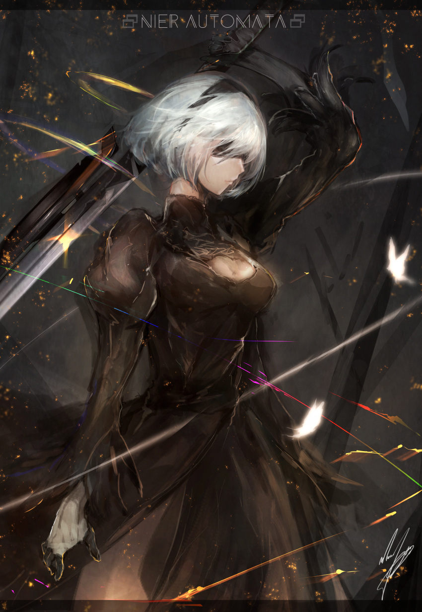 1girl absurdres blindfold breasts cleavage cowboy_shot gloves hairband highres holding holding_sword holding_weapon marumoru nier_(series) nier_automata short_hair solo sword weapon white_hair yorha_no._2_type_b yorha_unit_no._2_type_b