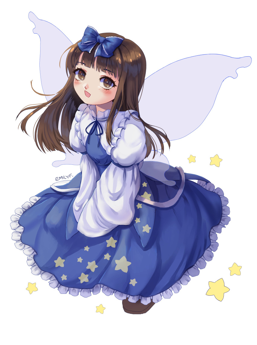 1girl :d absurdres artist_name bangs blue_dress blush bow brown_eyes brown_hair dress fairy_wings from_above full_body hair_bow highres long_hair long_sleeves looking_at_viewer open_mouth puffy_sleeves shianebulae shirt shoes simple_background sleeves_past_fingers sleeves_past_wrists smile solo star_(symbol) star_print star_sapphire starry_background touhou white_background wings