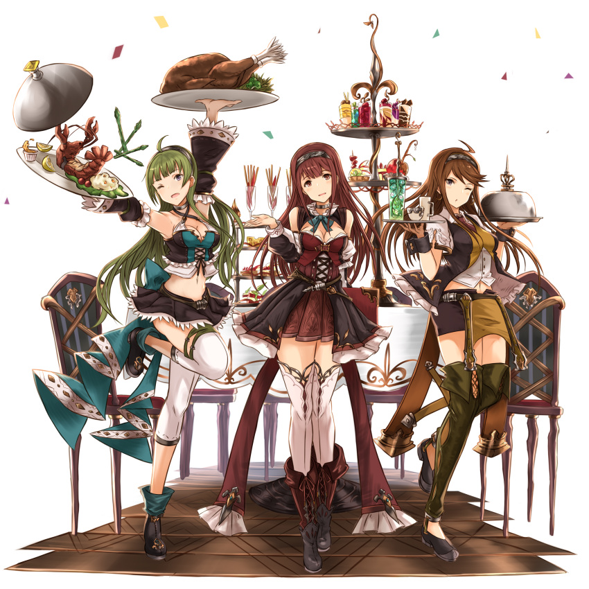 3girls ;d absurdres ahoge apple_slice arm_up bare_shoulders black_shoes black_skirt blush boots breasts brown_hair chair cheese collared_shirt crop_top cross-laced_footwear cup detached_sleeves drink eyebrows_visible_through_hair food fruit full_body green_hair hairband head_tilt highres ice ice_cube idolmaster idolmaster_million_live! knee_boots leg_up lemon lemon_slice lobster long_sleeves looking_at_viewer medium_breasts multiple_girls necktie one_eye_closed open_mouth outstretched_arm parted_lips red_necktie red_skirt shimabara_elena shirt shoes short_sleeves skirt smile standing standing_on_one_leg strawberry table tanaka_kotoha teacup thigh-highs tokoro_megumi tray violet_eyes white_legwear white_shirt wing_collar yatsuka_(846)