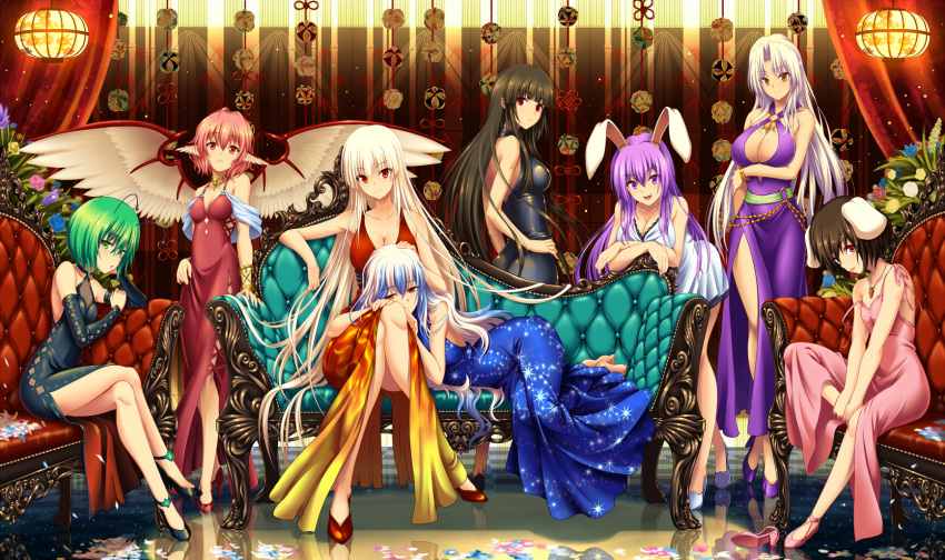 6+girls :d alternate_costume animal_ears antennae bangs bare_arms bare_shoulders bird_wings blush bracelet breasts china_dress chinese_clothes cleavage contemporary couch crossed_arms dress fujiwara_no_mokou full_body hair_intakes high_heels highres hijikawa_arashi houraisan_kaguya inaba_tewi jewelry kamishirasawa_keine large_breasts leaning_forward legs_crossed long_hair looking_at_viewer multicolored_hair multiple_girls mystia_lorelei open_mouth rabbit_ears reisen_udongein_inaba sash short_hair side_slit sitting sleeveless sleeveless_dress small_breasts smile standing strap_slip tongue tongue_out touhou two-tone_hair v_arms very_long_hair wings wriggle_nightbug yagokoro_eirin