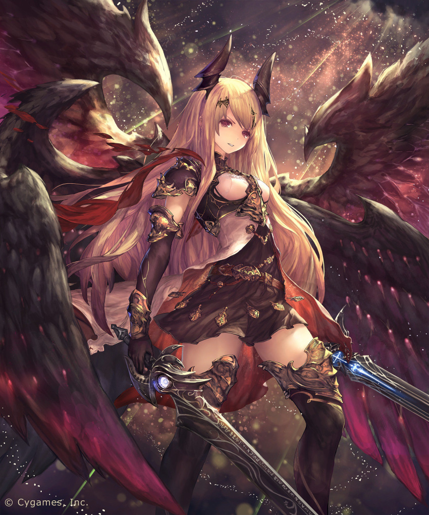 1girl absurdres alternate_costume black_gloves black_legwear black_wings blonde_hair boots cygames dark_angel_olivia dual_wielding gloves glowing glowing_sword glowing_weapon hair_ornament highres horns long_hair pleated_skirt red_eyes shadowverse shingeki_no_bahamut skirt solo sword tachikawa_mushimaro thigh-highs watermark weapon wings zettai_ryouiki