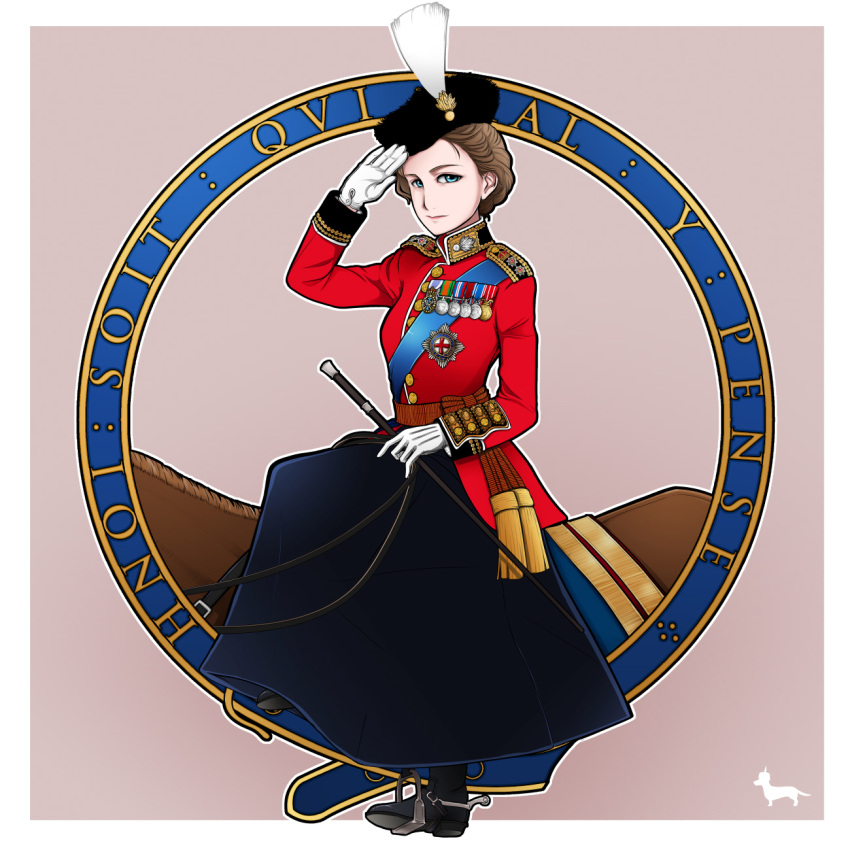 1girl blue_eyes boots british brown_hair dog elizabeth_ii england gloves hat highres horse horseback_riding inset looking_at_viewer medal military military_uniform queen real_life revision riding riding_crop salute silhouette solo spurs toge_inu uniform united_kingdom