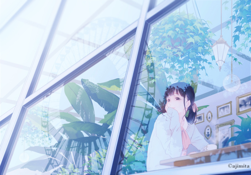 1girl ajimita black_eyes black_hair bow commentary cover cover_page cup desk doujin_cover eyelashes ferris_wheel hand_on_own_chin hand_on_own_face head_rest lantern leaf light_particles looking_out_window looking_to_the_side original pale_skin photo_(object) plant ponytail reflection school_uniform smile solo teacup twitter_username window