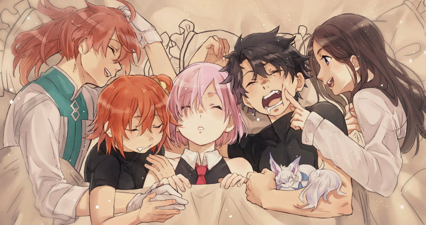 2boys 3girls :d bare_shoulders bed bed_sheet black_hair blanket brown_hair bun_(artist) cheek_poking closed_eyes commentary_request creature drooling everyone fate/grand_order fate_(series) fou_(fate/grand_order) fujimaru_ritsuka_(female) fujimaru_ritsuka_(male) gloves hand_on_breast highres jacket jacket_removed leonardo_da_vinci_(fate/grand_order) long_hair lying multiple_boys multiple_girls necktie on_back on_side open_mouth orange_hair pillow poking purple_hair red_necktie redhead romani_akiman shared_blanket sheet_grab shielder_(fate/grand_order) short_hair side_ponytail sleeping smile sweatdrop under_covers upper_body white_gloves