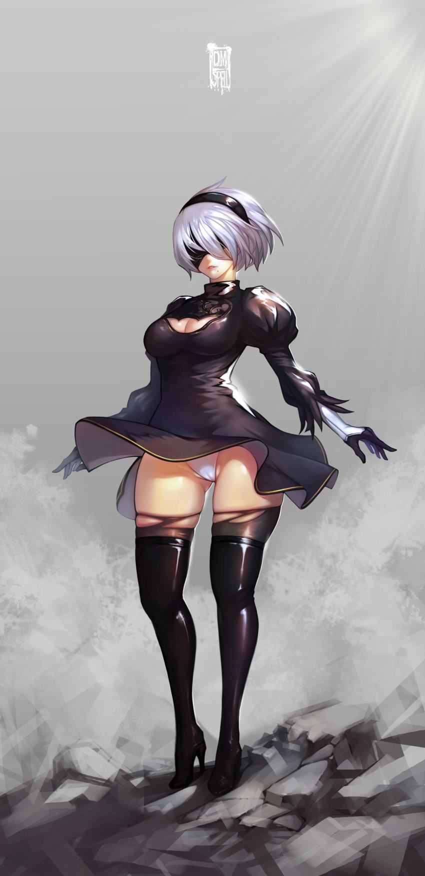 1girl absurdres artist_name black_boots black_dress black_gloves black_hairband black_legwear blindfold boots breasts cleavage cleavage_cutout covered_eyes dress dspell full_body gloves gluteal_fold grey_background ground hairband high_heel_boots high_heels highres legs legs_apart leotard lips medium_breasts mole mole_under_mouth nier_(series) nier_automata panties parted_lips puffy_sleeves rock short_dress short_hair side_slit silver_hair skindentation solo standing sword thigh-highs thigh_boots thighs torn_clothes torn_thighhighs underwear weapon white_leotard white_panties wind wind_lift yorha_no._2_type_b yorha_unit_no._2_type_b