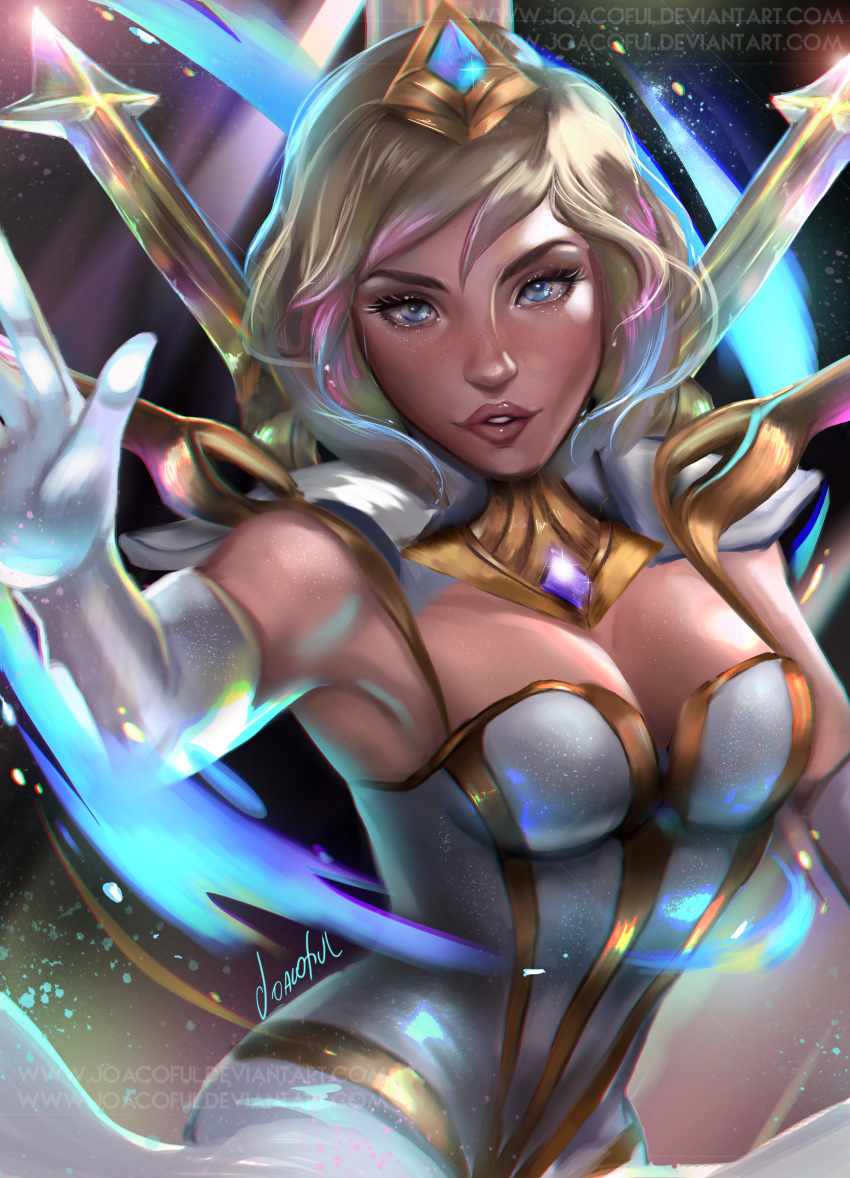 1girl absurdres blonde_hair blue_eyes breasts cleavage elbow_gloves elementalist_lux gloves hair_ornament highlights highres joacoful league_of_legends looking_at_viewer luxanna_crownguard multicolored_hair pink_hair short_hair solo watermark web_address