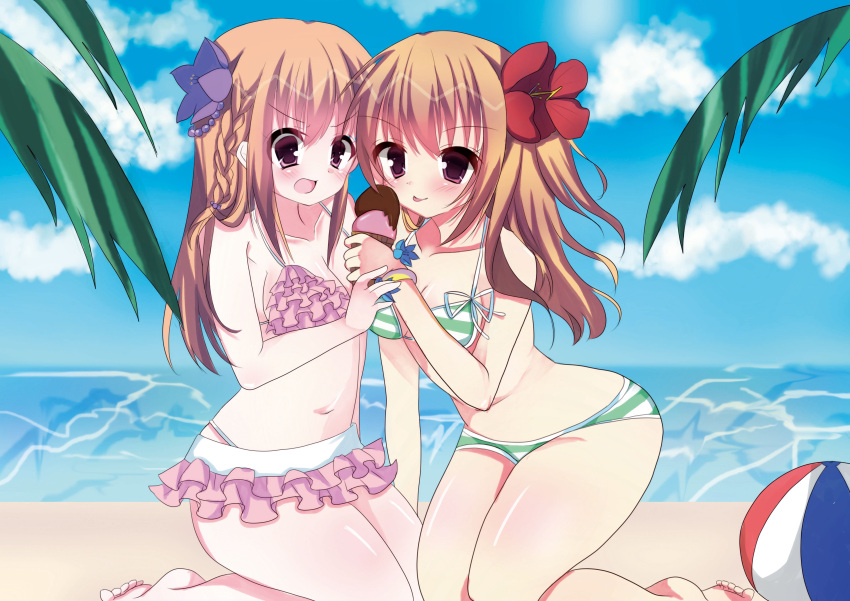 2girls :p absurdres ball beach beachball bikini blonde_hair breasts flower food hair_flower hair_ornament highres ice_cream kurata_muto long_hair multiple_girls original swimsuit tongue tongue_out violet_eyes