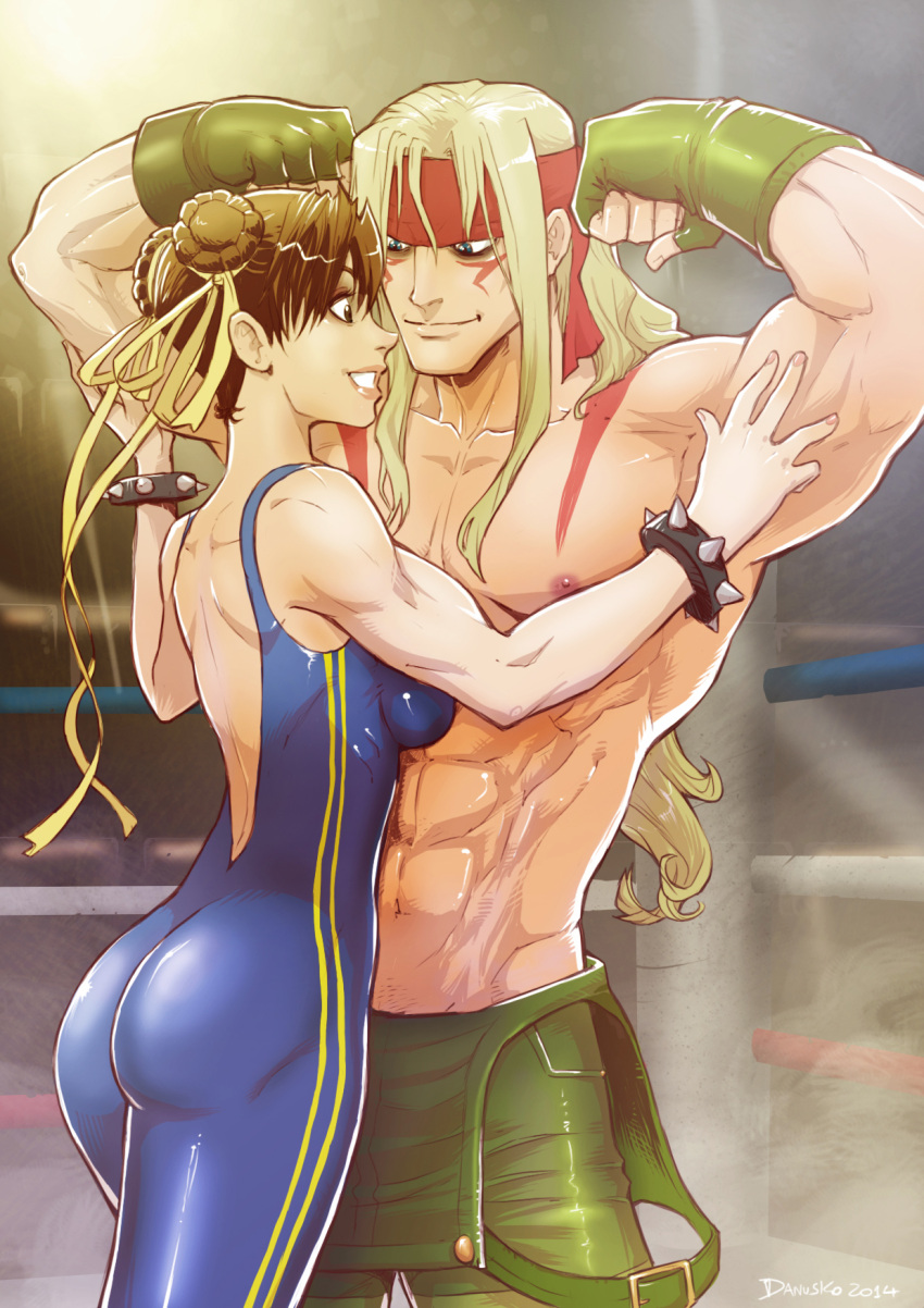 1boy 1girl abs alex_(street_fighter) alternate_costume ass backless_outfit blonde_hair blue_eyes bracelet brown_eyes brown_hair chun-li danusko double_bun fingerless_gloves flexing gloves hair_ribbon headband hetero highres jewelry long_hair muscle pose ribbon shirtless short_hair signature skin_tight smile spiked_bracelet spikes street_fighter street_fighter_iii_(series) street_fighter_zero_(series) unitard wrestling_ring