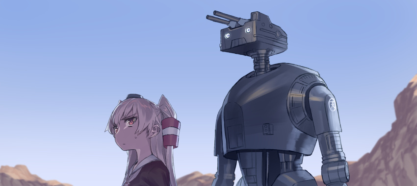 1girl amatsukaze_(kantai_collection) blew_andwhite brown_eyes cannon glowing glowing_eyes green_hair hair_tubes k-2so kantai_collection long_hair parody rensouhou-kun robot rogue_one:_a_star_wars_story turret two_side_up upper_body