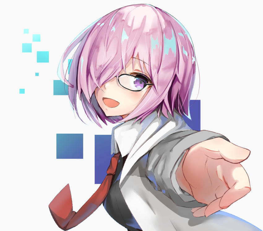 1girl :d black-framed_eyewear blush fate/grand_order fate_(series) from_side grey_background hair_over_one_eye highres hood hoodie kiomota looking_at_viewer necktie open_mouth outstretched_arm purple_hair red_necktie shielder_(fate/grand_order) short_hair smile solo upper_body violet_eyes