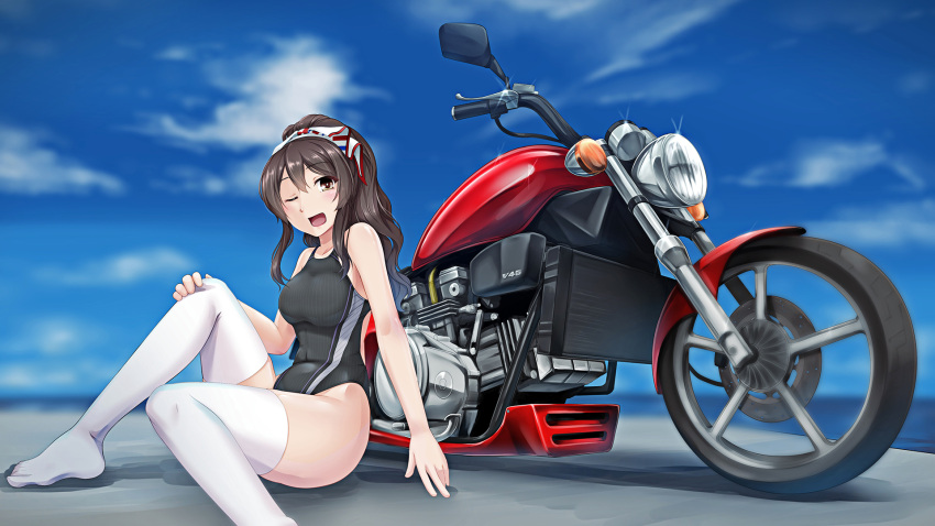 1girl 8000 ashigara_(kantai_collection) black_hair black_swimsuit brown_eyes competition_swimsuit ground_vehicle highres honda honda_v45_magna kantai_collection long_hair looking_at_viewer motor_vehicle motorcycle one-piece_swimsuit one_eye_closed open_mouth ponytail sitting smile solo swimsuit white_legwear