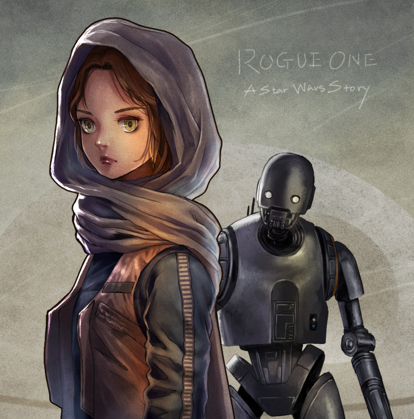 1girl highres hood jacket jyn_erso k-2so kuroimori looking_at_viewer robot rogue_one:_a_star_wars_story science_fiction star_wars vest