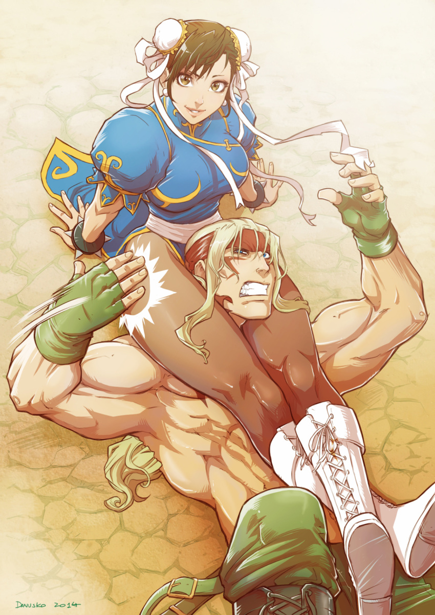 1boy 1girl abs alex_(street_fighter) asphyxiation blonde_hair blue_eyes bracelet breasts brown_eyes brown_hair bun_cover china_dress chinese_clothes chun-li danusko double_bun dress femdom fingerless_gloves gloves headband highres jewelry large_breasts long_hair muscle pantyhose scissorhold shirtless short_hair signature spiked_bracelet spikes strangling street_fighter street_fighter_iii_(series) tap_out thighs