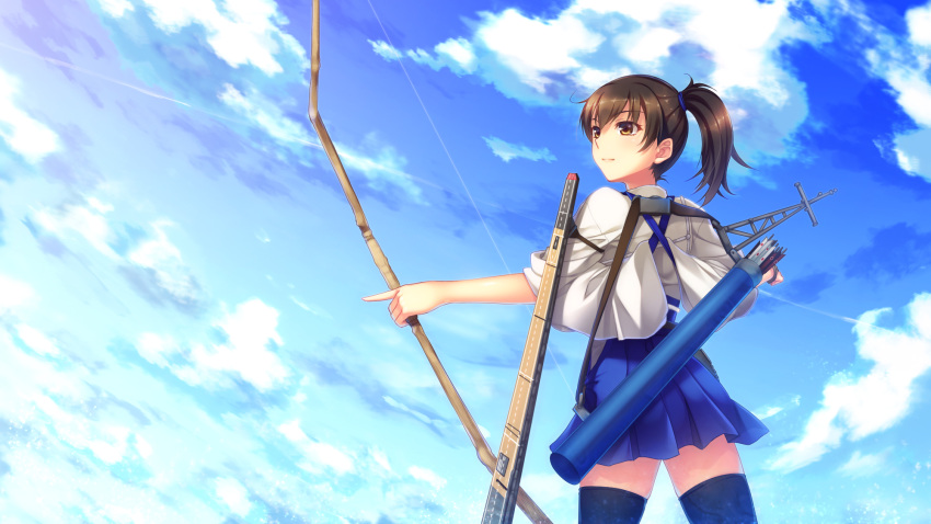 1girl arrow black_legwear blue_hakama bow_(weapon) brown_eyes brown_hair clouds cloudy_sky condensation_trail cowboy_shot day flight_deck from_behind from_side hair_ornament hakama hakama_skirt highres holding holding_weapon imachireki index_finger_raised japanese_clothes kaga_(kantai_collection) kantai_collection kimono long_hair matching_hair/eyes outdoors ponytail quiver sky solo standing tasuki thigh-highs weapon zettai_ryouiki