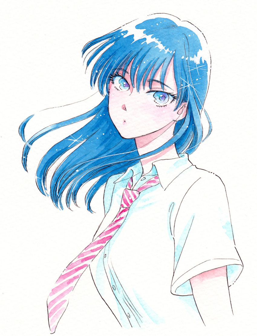 1girl blue_hair highres koi_wa_ameagari_no_you_ni long_hair mayuzuki_jun necktie official_art school_uniform tachibana_akira traditional_media white_background