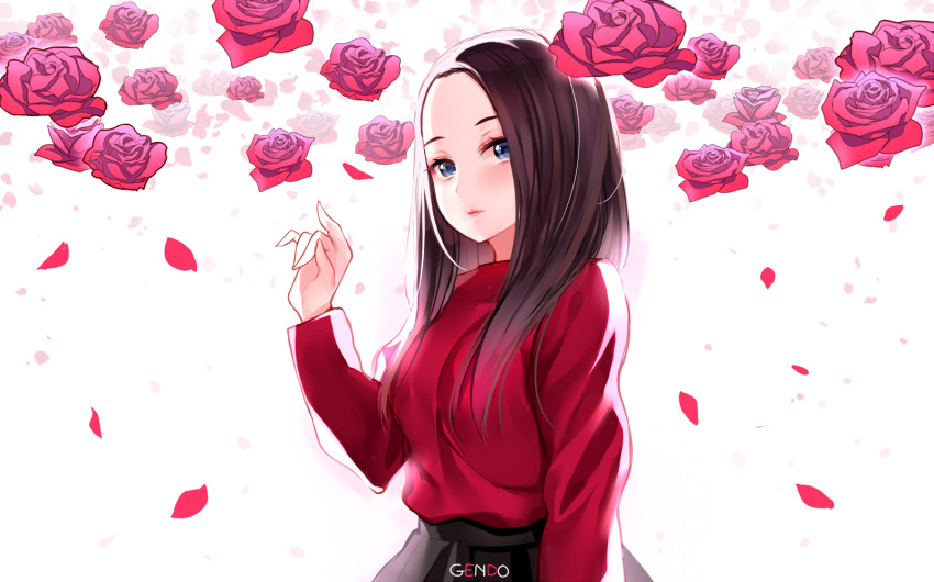 1girl arm_at_side artist_name black_skirt blue_eyes breasts brown_hair closed_mouth commentary eyelashes flower gendo0033 highres lee_hi lipstick long_hair long_sleeves makeup medium_breasts petals real_life real_life_insert red_rose red_shirt rose shirt skirt solo upper_body white_background