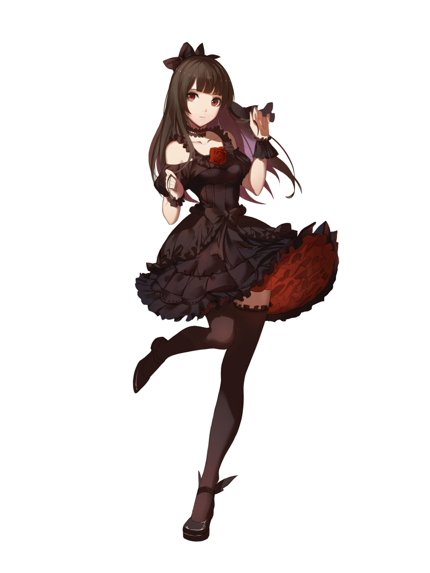 1girl absurdres bangs black_dress black_hair black_legwear black_shoes blunt_bangs breasts brown_eyes collarbone dress expressionless eyebrows_visible_through_hair frilled_cuffs frilled_dress frilled_legwear frills full_body high_heels highres long_hair medium_breasts original petticoat red_flowers shoes simple_background solo standing standing_on_one_leg thigh-highs white_background wrist_cuffs