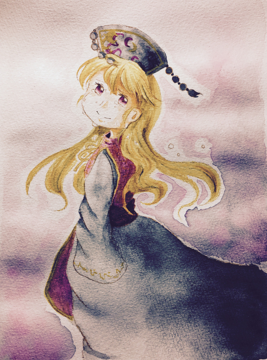 1girl absurdres black_dress blonde_hair chinese_clothes crying crying_with_eyes_open dress headdress highres imomushiusagi junko_(touhou) legacy_of_lunatic_kingdom long_hair red_eyes sleeves_past_wrists smile solo tabard tears touhou traditional_media very_long_hair watercolor_(medium)