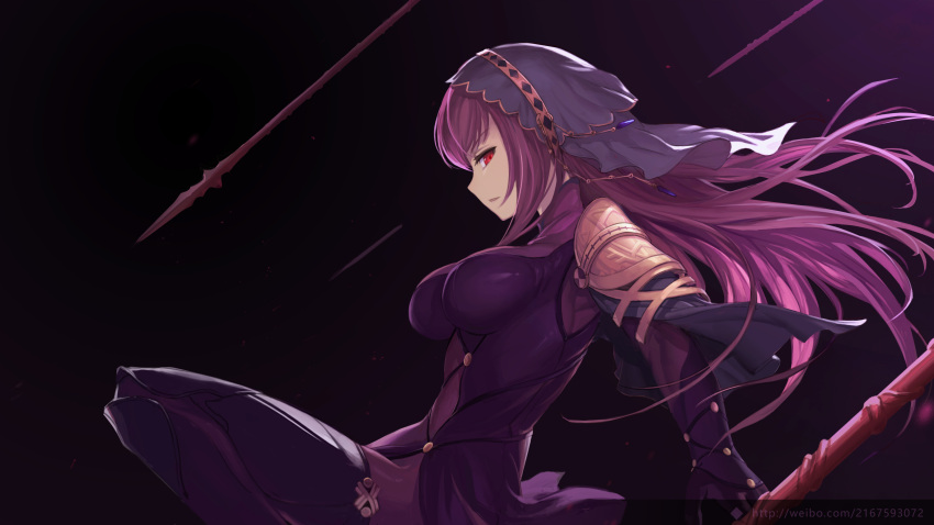1girl absurdres artist_request black_background bodysuit fate/grand_order fate_(series) gae_bolg highres large_breasts long_hair looking_to_the_side pauldrons profile purple_bodysuit purple_hair red_eyes scathach_(fate/grand_order) solo veil