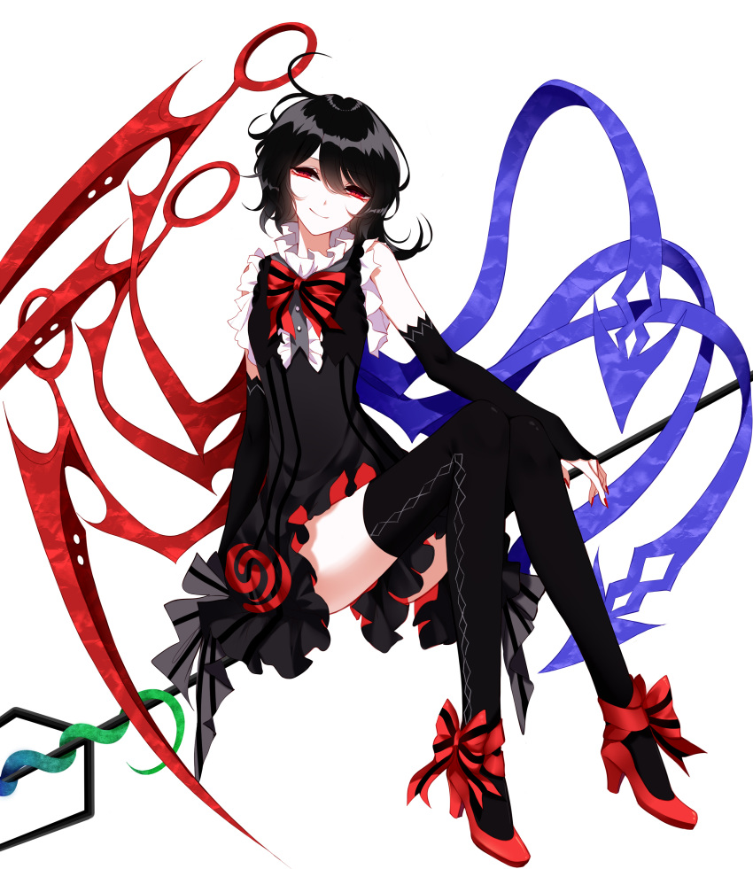 1girl absurdres adapted_costume ankle_ribbon asymmetrical_hair bangs black_dress black_hair bow breasts detached_sleeves dress frilled_dress frills full_body gradient hair_between_eyes head_tilt high_heels highres houjuu_nue long_legs looking_at_viewer nail_polish polearm red_eyes red_nails red_shoes ribbon sheya shiny shiny_clothes shiny_hair shoes simple_background sitting sleeveless sleeveless_dress small_breasts smile snake solo thigh-highs touhou trident waist weapon white_background zettai_ryouiki