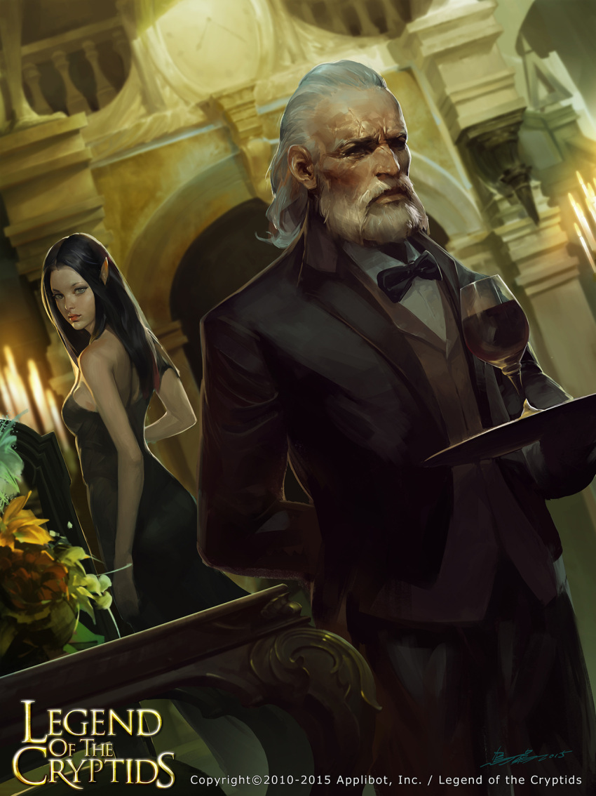 1girl 2015 arch arm_behind_back beard black_dress black_hair black_pants candle copyright_name crowgod cup dress drinking_glass dutch_angle facial_hair formal grey_eyes highres indoors legend_of_the_cryptids looking_back official_art old_man pants pointy_ears signature standing tray watermark white_hair wine_glass