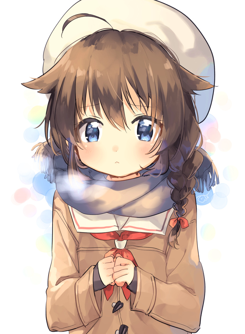 1girl absurdres bangs beret blue_eyes blush bow braid breath brown_hair brown_jacket closed_mouth cold frown hair_between_eyes hair_bow hair_flaps hair_over_shoulder hat highres kantai_collection long_sleeves looking_at_viewer neckerchief red_bow red_neckerchief remodel_(kantai_collection) scarf school_uniform serafuku shigure_(kantai_collection) simple_background single_braid solo upper_body white_background white_hat zuho_(vega)