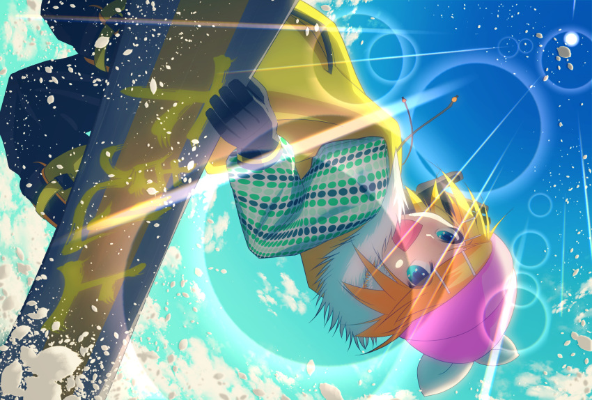 1girl acrobatics baggy_pants beanie black_pants blonde_hair blue_hair blue_sky bow coat dutch_angle from_below fur fur_trim gloves hat hat_bow highres jacket jumping kagamine_rin leaning_back lens_flare light_rays looking_at_viewer outstretched_arm pants polka_dot pose shinku_pack sky snow snow_boots snowboard snowboarding solo sun sunbeam sunlight vocaloid winter_clothes winter_coat yellow_jacket