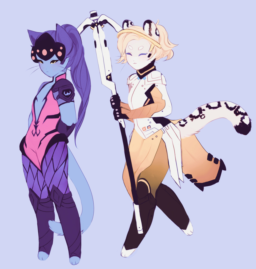 2girls animal_ears blonde_hair cat_ears cat_girl cat_tail head_mounted_display highres holding holding_staff kemonomimi_mode long_hair lumioces mechanical_halo mercy_(overwatch) multiple_girls overwatch ponytail purple_hair simple_background solo staff tail whiskers widowmaker_(overwatch)