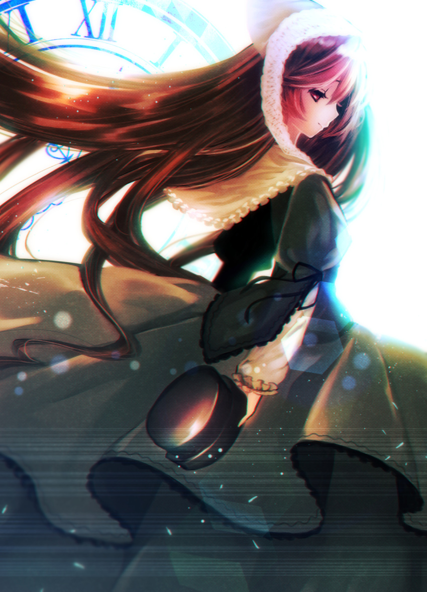 1girl black_hat brown_hair chromatic_aberration clock closed_mouth doll dress expressionless from_side green_dress hair_between_eyes hat head_scarf highres holding holding_hat lens_flare long_hair lushuao profile red_eys roman_numerals rozen_maiden souseiseki suiseiseki very_long_hair white_background