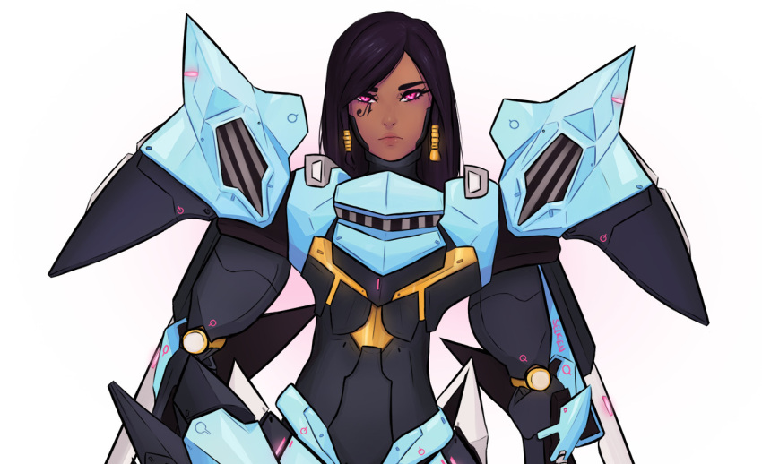 1girl alternate_costume armor artist_name black_hair clenched_hand close-up dark_skin expressionless eye_of_horus facial_mark facial_tattoo full_armor gradient gradient_background hair_tubes headwear_removed helmet helmet_removed lips looking_at_viewer multiple_girls nose overwatch pharah_(overwatch) pink_background power_armor raptorian_pharah selkiene side_braids signature solo standing tattoo upper_body violet_eyes white_background