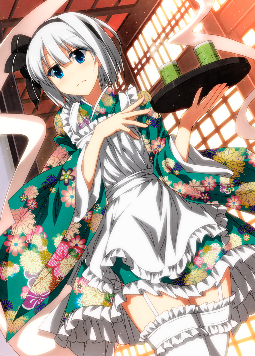 1girl apron blue_eyes cup dutch_angle floral_print frills frown furisode garter_straps ghost hair_ribbon hairband highres indoors japanese_clothes kimono kimono_skirt konpaku_youmu konpaku_youmu_(ghost) long_sleeves ribbon sazanami_mio short_hair short_kimono shouji silver_hair sliding_doors solo standing sweat sweatdrop thigh-highs touhou tray wide_sleeves