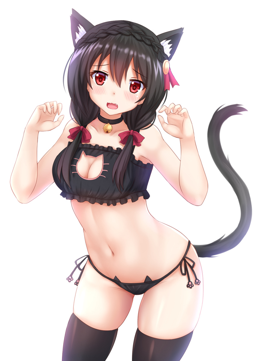 1girl animal_ears bell bell_choker black_bra black_hair blush bra breasts cat_cutout cat_ear_panties cat_ears cat_lingerie cat_tail choker cleavage fang frilled_bra frills highres jingle_bell kazenokaze kono_subarashii_sekai_ni_shukufuku_wo! large_breasts looking_at_viewer open_mouth panties red_eyes solo tail underwear underwear_only yunyun_(konosuba)