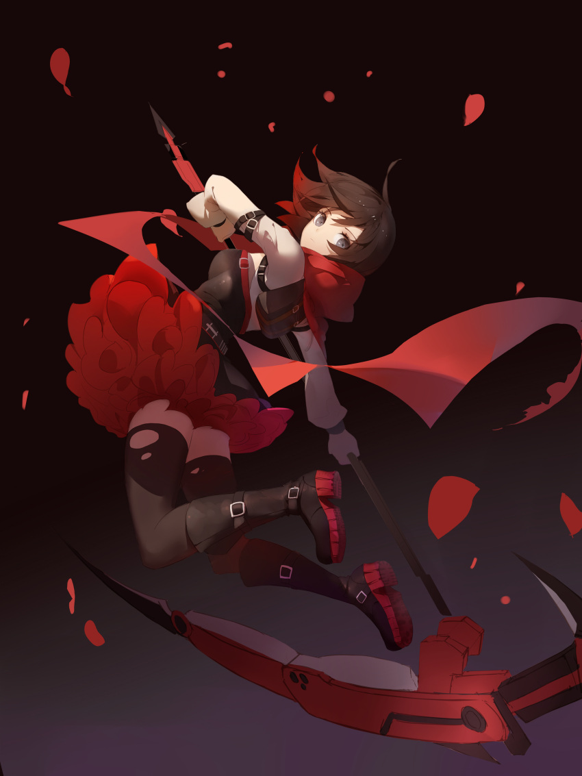 1girl absurdres bangs bare_shoulders black_boots black_hair black_legwear blue_eyes boots breasts closed_mouth expressionless floating_hair full_body highres holding holding_weapon looking_at_viewer medium_breasts petals red_flowers red_scarf ruby_rose rwby scarf scythe solo swept_bangs thigh-highs thighs torn_clothes torn_thighhighs weapon