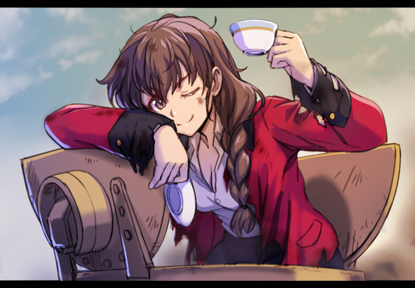 1girl braid breasts brown_eyes brown_hair cleavage cup dirty_clothes dirty_face dust_cloud girls_und_panzer hair_over_shoulder holding holding_cup jacket kyata leaning_on_object long_hair one_eye_closed open_clothes open_jacket partially_unbuttoned red_jacket rukuriri saucer single_braid smile solo tank_top teacup torn_clothes torn_jacket