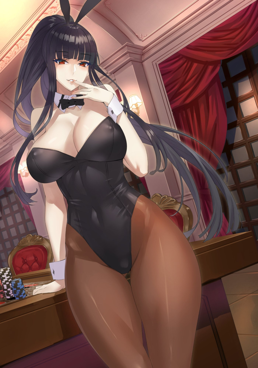 1girl animal_ears bangs bare_shoulders black_hair blunt_bangs blush bow bowtie breasts brown_legwear bunny_girl bunnysuit chair cleavage curtains daglasses detached_collar dutch_angle erect_nipples fake_animal_ears finger_to_mouth highres indoors large_breasts leotard long_hair looking_at_viewer original pantyhose parted_lips ponytail rabbit_ears red_eyes smile solo table thigh_gap wrist_cuffs