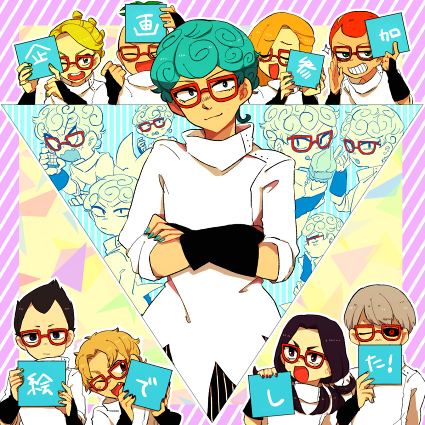 aqua_hair aqua_nails black_hair black_nails black_sclera blonde_hair cellphone closed_eyes cosplay crossed_arms curly_hair fang formaggio gelato ghiaccio ghiaccio_(cosplay) glasses grey_hair grin highres illuso jojo_no_kimyou_na_bouken melone nail_polish one_eye_closed open_mouth pesci phone prosciutto red_eyes red_nails redhead risotto_nero ruri_(347sankaku) smile sorbet sparkle tongue tongue_out translation_request