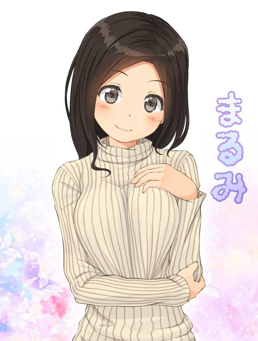 1girl bangs black_eyes black_hair blush breast_suppress breasts butterfly character_name eyebrows_visible_through_hair hand_on_own_elbow head_tilt highres holding_arm junk_gaming_maiden kitsunerider long_hair long_sleeves looking_at_viewer simple_background smile solo sparkle sweater turtleneck turtleneck_sweater upper_body white_background white_sweater