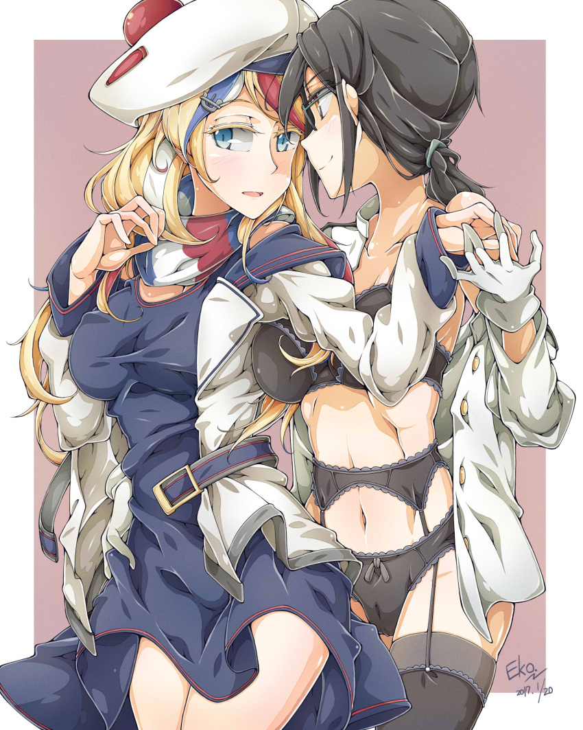 2girls beret black_bra black_hair black_legwear black_panties blonde_hair blue_dress blue_eyes blue_hair bra commandant_teste_(kantai_collection) commentary commentary_request dress falco_arrow female_admiral_(kantai_collection) garter_straps gloves hat highres kantai_collection long_hair looking_at_another multicolored_hair multiple_girls navel open_mouth panties redhead scarf smile streaked_hair thigh-highs underwear white_gloves white_hair yuri