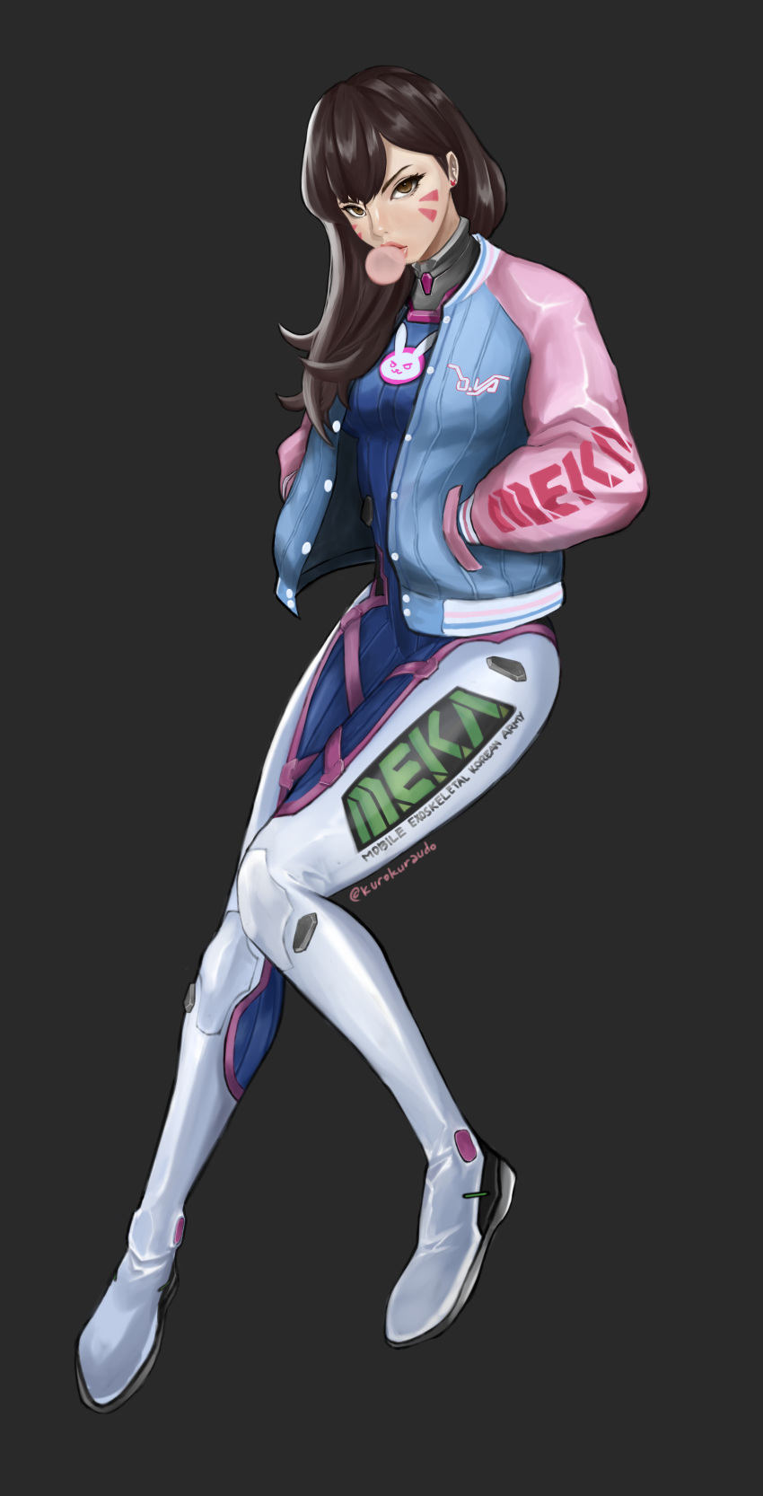 1girl absurdres acronym animal_print bangs blue_bodysuit bodysuit boots breasts brown_eyes brown_hair bubble_blowing bunny_print buttons character_name chewing_gum clothes_writing d.va_(overwatch) ear_piercing eyelashes eyeliner facepaint facial_mark full_body grey_background hands_in_pockets headphones highres jacket knee_pads letterman_jacket lips long_hair looking_at_viewer makeup medium_breasts mr.holmes no_headwear open_clothes open_jacket overwatch piercing pilot_suit pink_lips ribbed_bodysuit simple_background skin_tight solo thigh-highs thigh_boots turtleneck twitter_username whisker_markings white_boots