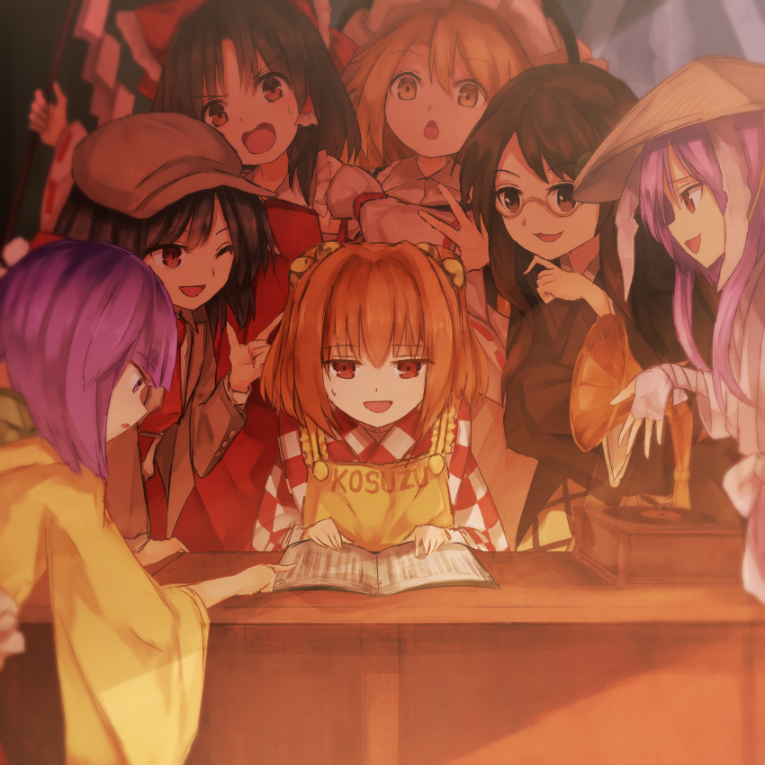 &gt;:o 6+girls :d :o ;d absurdres ajirogasa animal_ears apron bangs bell bow cabbie_hat chestnut_mouth clothes_writing floppy_ears forbidden_scrollery futatsuiwa_mamizou futatsuiwa_mamizou_(human) glasses hair_bell hair_bow hair_ornament hair_tubes hakurei_reimu hat hieda_no_akyuu highres jacket japanese_clothes kimono kirisame_marisa long_sleeves looking_at_another miko motoori_kosuzu multiple_girls one_eye_closed oonusa open_clothes open_jacket open_mouth phonograph rabbit_ears reisen_udongein_inaba scroll semi-rimless_glasses shameimaru_aya smile suit_jacket thkani touhou under-rim_glasses upper_body wide_sleeves witch_hat