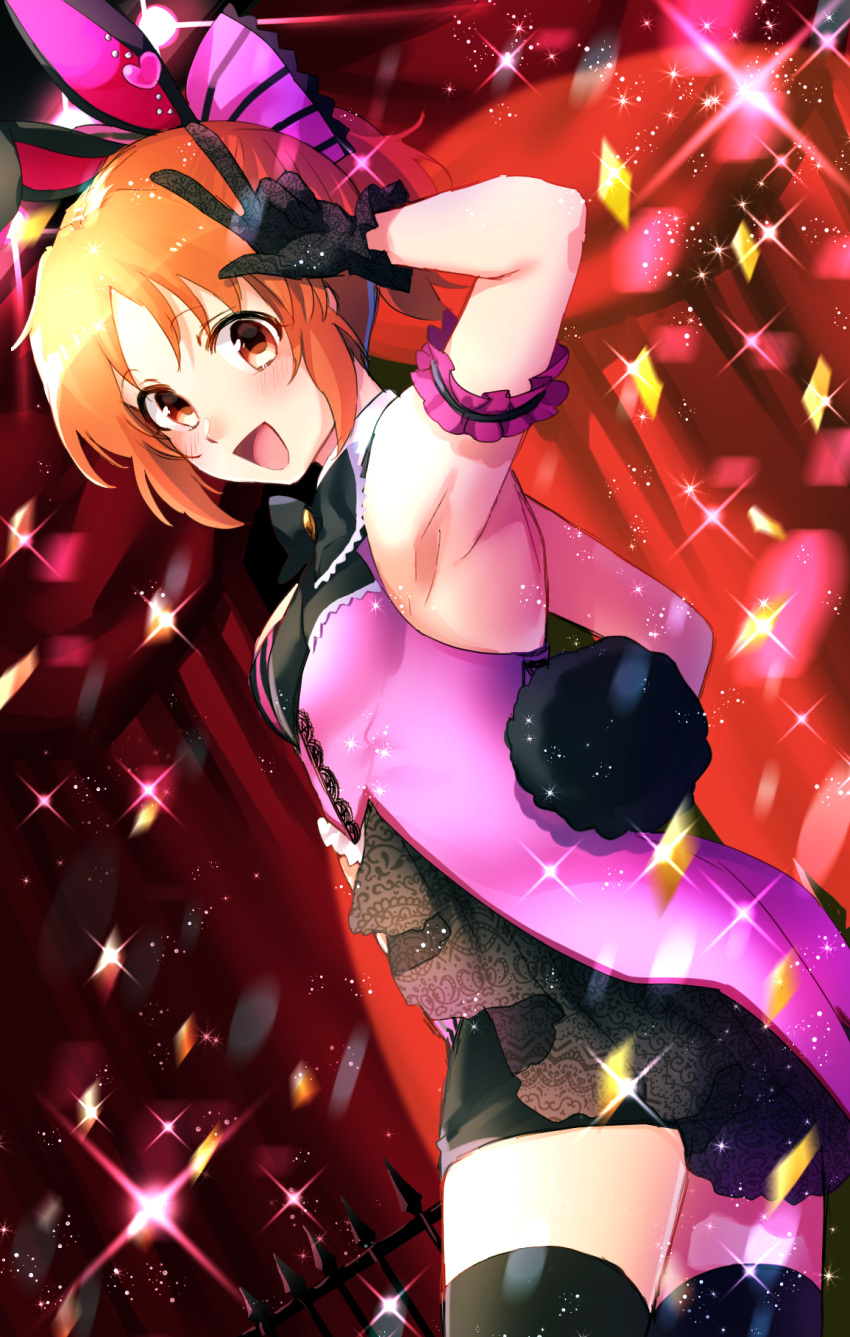 1girl abe_nana animal_ears armband armpits bow breasts brown_eyes brown_hair confetti curtains gate hair_bow highres idolmaster idolmaster_cinderella_girls idolmaster_cinderella_girls_starlight_stage looking_at_viewer looking_to_the_side rabbit_ears shibuki_kamone smile sparkle thigh-highs v zettai_ryouiki