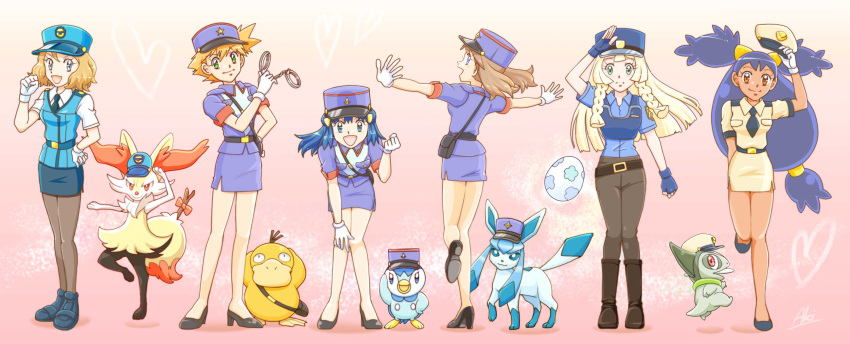 6+girls absurdres axew braixen cosplay egg glaceon haruka_(pokemon) highres hikari_(pokemon) iris_(pokemon) junsaa_(pokemon) junsaa_(pokemon)_(cosplay) kasumi_(pokemon) lillie_(pokemon) long_legs miniskirt multiple_girls pencil_skirt piplup pokemon pokemon_(anime) police police_uniform policewoman psyduck serena_(pokemon)