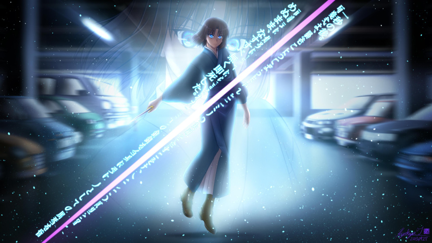1girl 2013 artist_name bangs blue_eyes blue_kimono blurry boots brown_boots brown_hair car closed_mouth dated depth_of_field expressionless eyebrows_visible_through_hair full_body ground_vehicle highres holding holding_knife indoors japanese_clothes kara_no_kyoukai kimono kiyokazu knife long_sleeves motor_vehicle number parking_garage parted_bangs ryougi_shiki signature solo translation_request zoom_layer
